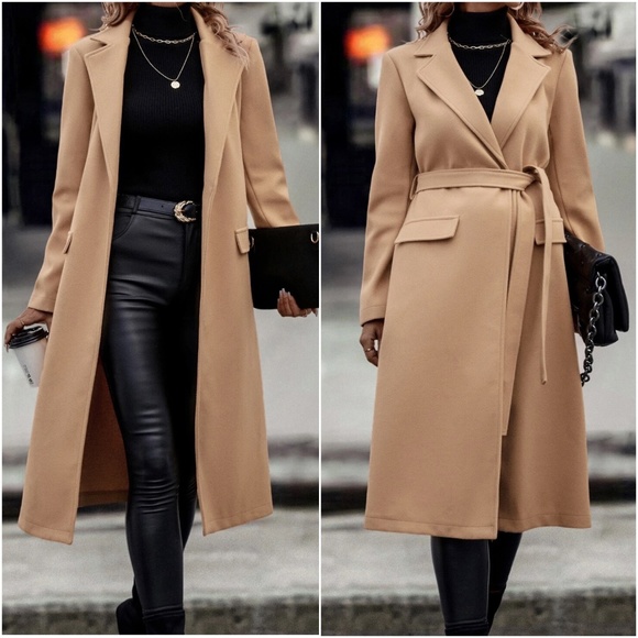 Jackets & Blazers - Classic Open Front Belted Long Jacket Coat